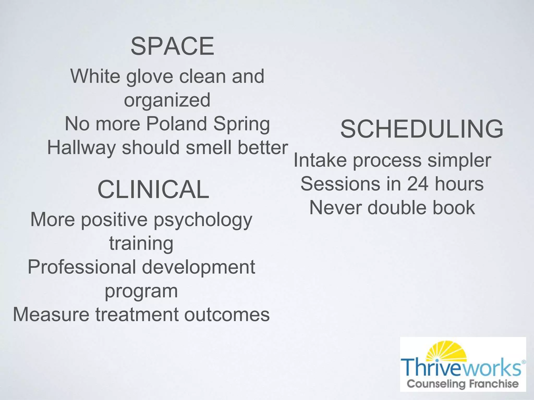 SPACE
White glove clean and
organized
No more Poland Spring
Hallway should smell better
SCHEDULING
Intake process simpler
Sessions in 24 hours
Never double book
CLINICAL
More positive psychology
training
Professional development
program
Measure treatment outcomes
 