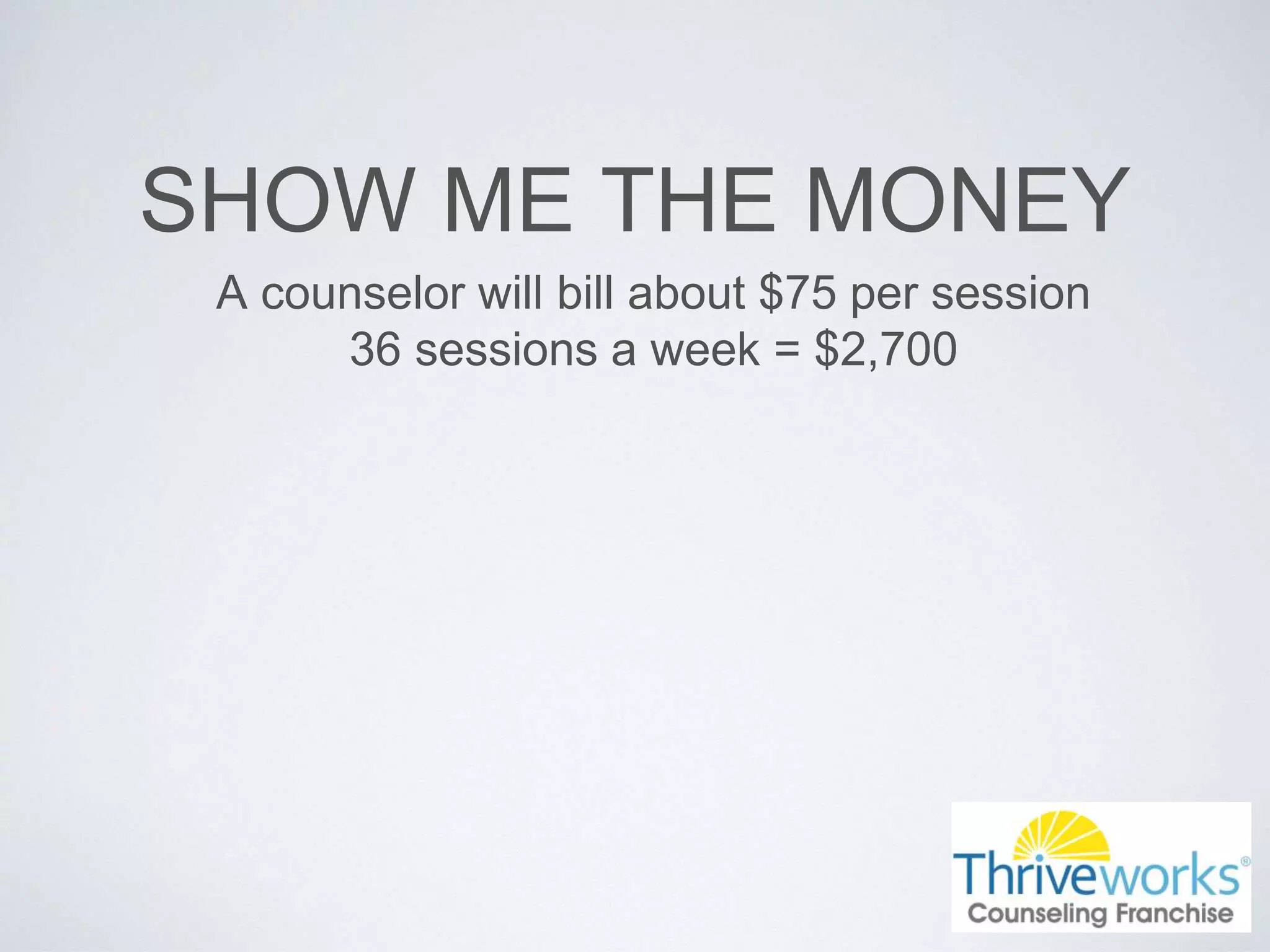 SHOW ME THE MONEY
A counselor will bill about $75 per session
36 sessions a week = $2,700
 