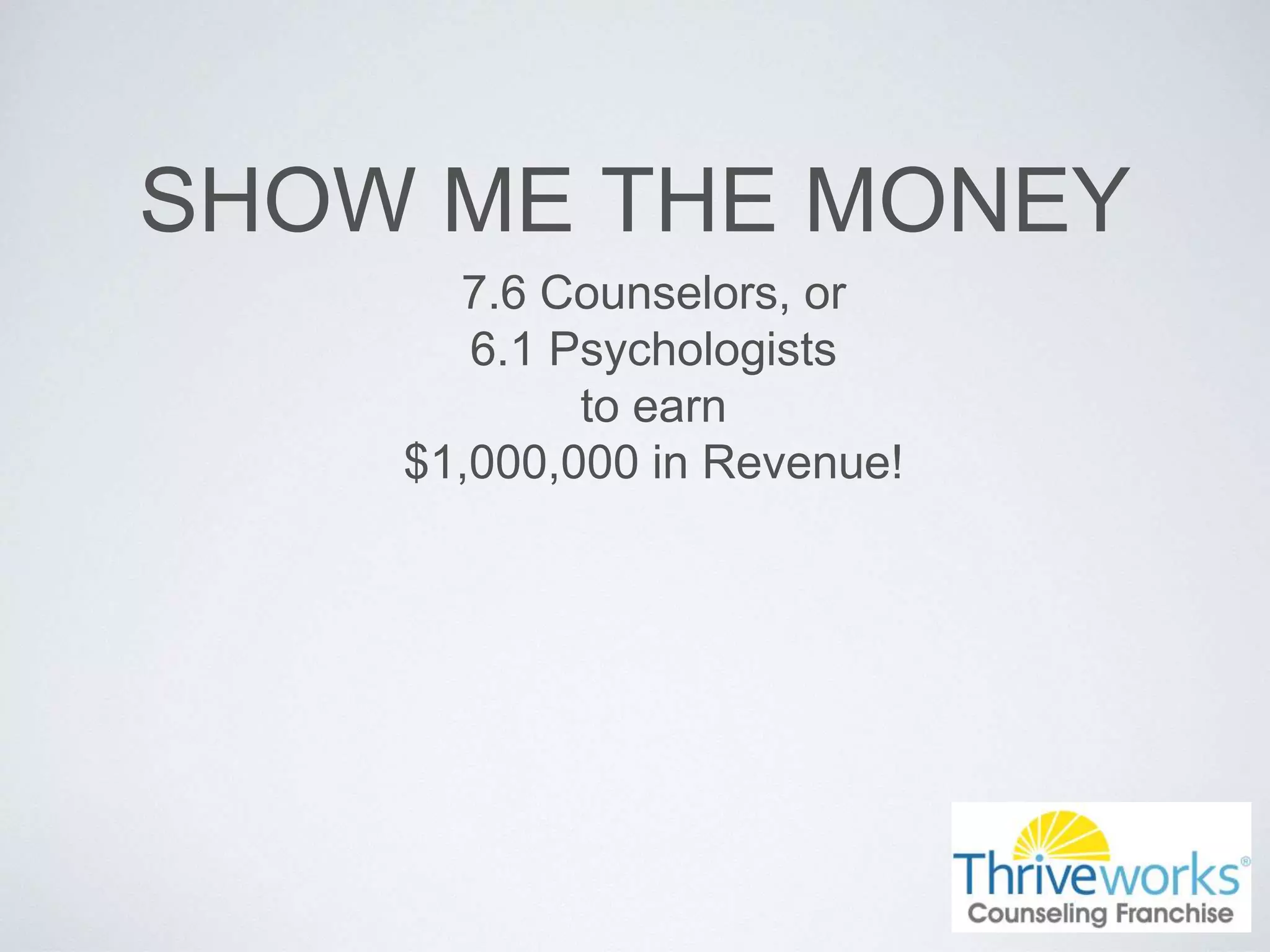 SHOW ME THE MONEY
7.6 Counselors, or
6.1 Psychologists
to earn
$1,000,000 in Revenue!
 