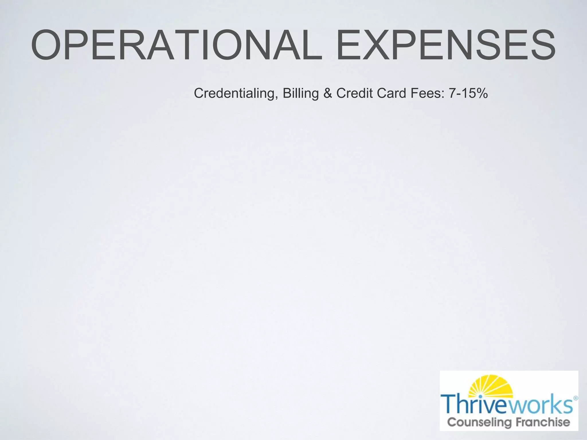 OPERATIONAL EXPENSES
Credentialing, Billing & Credit Card Fees: 7-15%
 