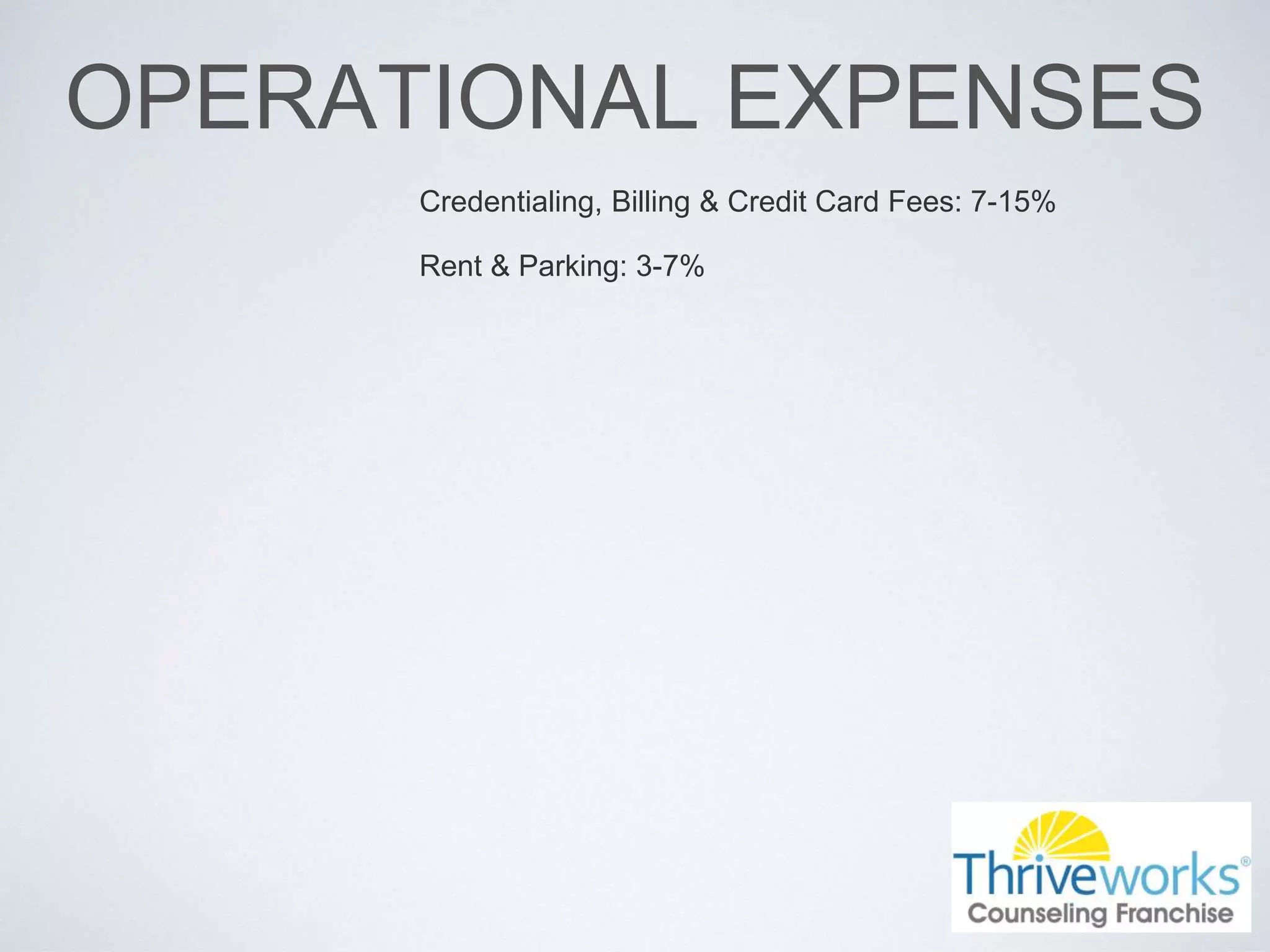 OPERATIONAL EXPENSES
Credentialing, Billing & Credit Card Fees: 7-15%
Rent & Parking: 3-7%
 