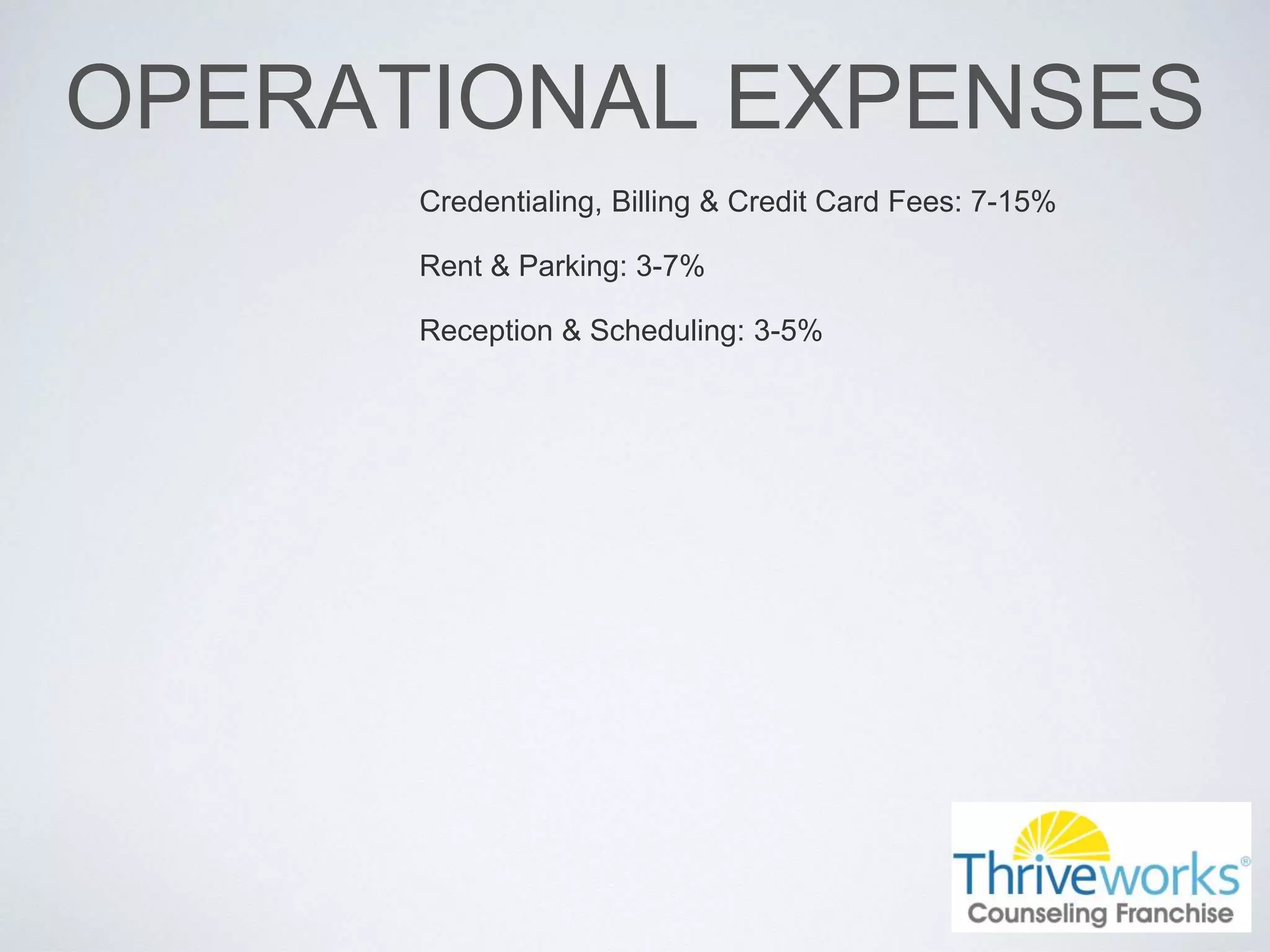 OPERATIONAL EXPENSES
Credentialing, Billing & Credit Card Fees: 7-15%
Rent & Parking: 3-7%
Reception & Scheduling: 3-5%
 