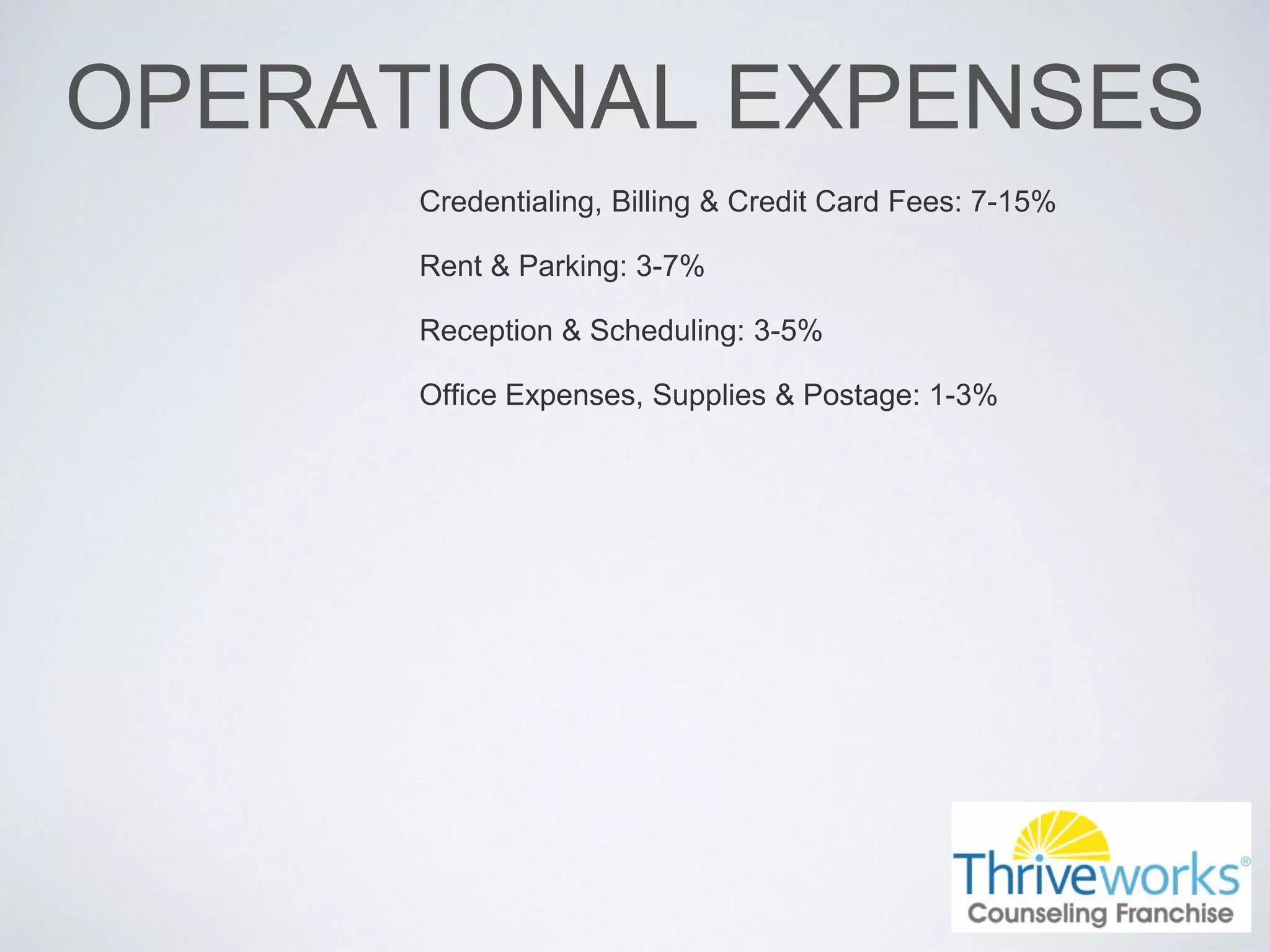 OPERATIONAL EXPENSES
Credentialing, Billing & Credit Card Fees: 7-15%
Rent & Parking: 3-7%
Reception & Scheduling: 3-5%
Office Expenses, Supplies & Postage: 1-3%
 