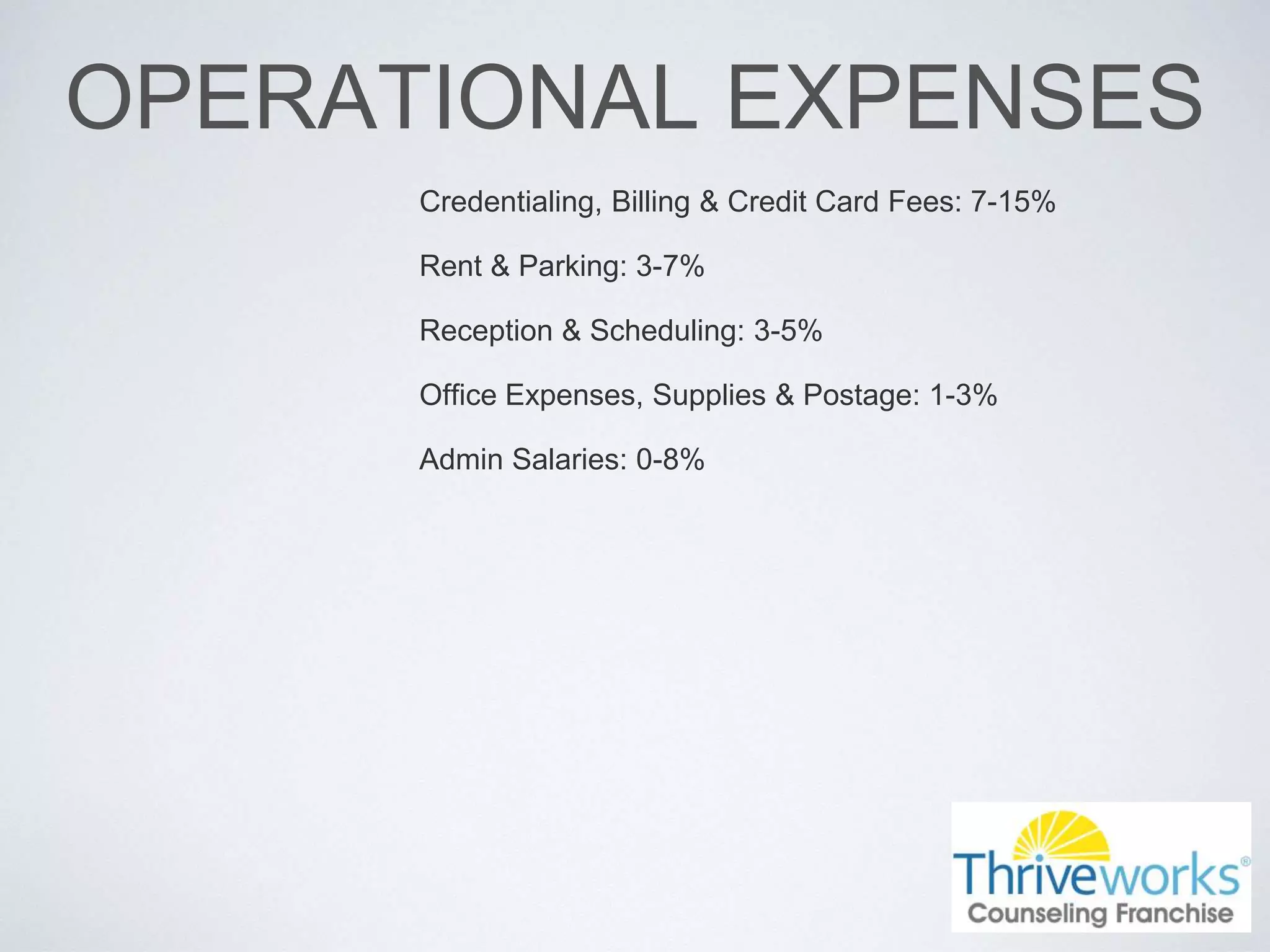 OPERATIONAL EXPENSES
Credentialing, Billing & Credit Card Fees: 7-15%
Rent & Parking: 3-7%
Reception & Scheduling: 3-5%
Office Expenses, Supplies & Postage: 1-3%
Admin Salaries: 0-8%
 