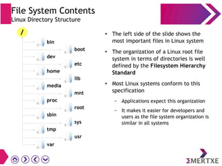 File System Contents
Linux Directory Structure
● The left side of the slide shows the
most important files in Linux system
● The organization of a Linux root file
system in terms of directories is well
defined by the Filesystem Hierarchy
Standard
● Most Linux systems conform to this
specification
– Applications expect this organization
– It makes it easier for developers and
users as the file system organization is
similar in all systems
tmp
sys
usr
var
/
bin
dev
home
media
proc
sbin
boot
etc
lib
mnt
root
 