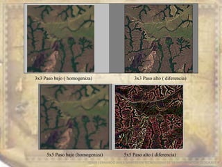 EDIER FERNANDO AVILA MARTER EN TECNOLOGIAS DE LA INFORMACION GEOGRAFICA
3x3 Paso bajo ( homogeniza) 3x3 Paso alto ( diferencia)
5x5 Paso bajo (homogeniza) 5x5 Paso alto ( diferencia)
 