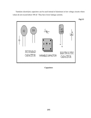 Tantalum electrolytic capacitors can be used instead of aluminum in low voltage circuits where
values do not exceed about 100 uF. They have lower leakage currents.
Fig.5.3
Capacitors
[27]
 