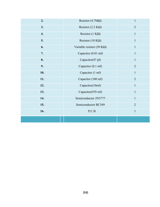 2. Resistor (4.7MΩ) 1
3. Resistor (2.2 KΩ) 2
4. Resistor (1 KΩ) 1
5. Resistor (10 KΩ) 1
6. Variable resistor (50 KΩ) 1
7. Capacitor (0.01 mf) 1
8. Capacitor(47 pf) 1
9. Capacitor (0.1 mf) 2
10. Capacitor (1 mf) 1
11. Capacitor (100 mf) 2
12. Capacitor(10mf) 1
13. Capacitor(470 mf) 1
14. Semiconductor 2N5777 1
15. Semiconductor BC549 2
16. P.C.B 1
[53]
 