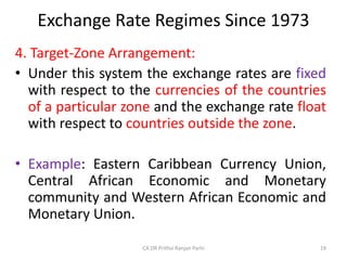 Exchange Rate Regimes Since 1973
4. Target-Zone Arrangement:
• Under this system the exchange rates are fixed
with respect to the currencies of the countries
of a particular zone and the exchange rate float
with respect to countries outside the zone.
• Example: Eastern Caribbean Currency Union,
Central African Economic and Monetary
community and Western African Economic and
Monetary Union.
19
CA DR Prithvi Ranjan Parhi
 