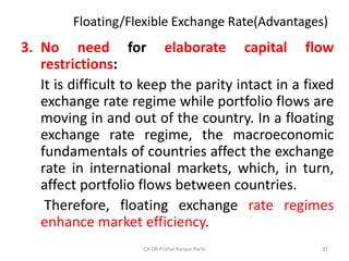 Floating/Flexible Exchange Rate(Advantages)
3. No need for elaborate capital flow
restrictions:
It is difficult to keep the parity intact in a fixed
exchange rate regime while portfolio flows are
moving in and out of the country. In a floating
exchange rate regime, the macroeconomic
fundamentals of countries affect the exchange
rate in international markets, which, in turn,
affect portfolio flows between countries.
Therefore, floating exchange rate regimes
enhance market efficiency.
31
CA DR Prithvi Ranjan Parhi
 