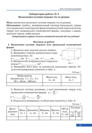 75
Лабораторна робота № 4
Визначення густини твердих тіл та рідини
Мета: навчитися визначати густини твердих тіл та рідини.
Обладнання: лінійка, вимірювальний циліндр (мензурка), тверде
тіло правильної геометричної форми (прямокутний паралелепіпед),
тверде тіло неправильної геометричної форми, посудина з водою,
важільні терези, набір важків.
Дотримуйтеся правил безпеки життєдіяльності під час роботи!
Вказівки до роботи
І. Визначення густини твердого тіла правильної геометричної
форми
1. Визначте ціну поділки шкали лінійки.
2. Виміряйте сторони прямокутного пара-
лелепіпеда (мал. 1):
a = ____ см; b = ____ см; h = ____ см.
3. Визначте об’єм прямокутного паралеле-
піпеда V =___________ см3
.
4. Виміряйте його масу за допомогою важільних терезів. Ре-
зультати вимірювань запишіть у табл. 1.
5. Визначте густину речовини, з якої виготовлене тверде тіло
правильної геометричної форми :
6. Результати вимірювань та обчислень запишіть у табл. 2.
a
b
h
Мал. 1
Набір важків
(наприклад, 1 г, 2 г, 5 г,
10 г, 50 мг, 100 мг)
Маса тіла,
m, мг
Маса тіла,
m, г
Таблиця 1
m
ρ =
V
ρ =_____
г
см3
кг
м3
=_____ .
Дослі-
джуване
тіло
Маса,
m, г
Довжина,
а, см
Ширина,
b, см
Висота,
h, см
Об’єм
тіла,
V, см3
Густина,
ρ
Таблиця 2
г
см3
кг
м3
§ 15. Густина речовини
 