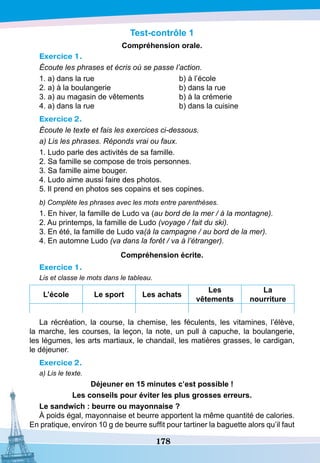 178
T
est-contrôle 1
Compréhension orale.
Exercice 1.
Écoute les phrases et écris où se passe l’action.
1. a) dans la rue				 b) à l’école
2. a) à la boulangerie			 b) dans la rue
3. a) au magasin de vêtements		 b) à la crémerie
4. a) dans la rue				 b) dans la cuisine
Exercice 2.
Écoute le texte et fais les exercices ci-dessous.
a) Lis les phrases. Réponds vrai ou faux.
1. Ludo parle des activités de sa famille.
2. Sa famille se compose de trois personnes.
3. Sa famille aime bouger.
4. Ludo aime aussi faire des photos.
5. Il prend en photos ses copains et ses copines.
b) Complète les phrases avec les mots entre parenthèses.
1. En hiver, la famille de Ludo va (au bord de la mer / à la montagne).
2. Au printemps, la famille de Ludo (voyage / fait du ski).
3. En été, la famille de Ludo va(à la campagne / au bord de la mer).
4. En automne Ludo (va dans la forêt / va à l’étranger).
Compréhension écrite.
Exercice 1.
Lis et classe le mots dans le tableau.
L’école Le sport Les achats
Les
vêtements
La
nourriture
La récréation, la course, la chemise, les féculents, les vitamines, l’élève,
la marche, les courses, la leçon, la note, un pull à capuche, la boulangerie,
les légumes, les arts martiaux, le chandail, les matières grasses, le cardigan,
le déjeuner.
Exercice 2.
a) Lis le texte.
Déjeuner en 15 minutes c’est possible !
Les conseils pour éviter les plus grosses erreurs.
Le sandwich : beurre ou mayonnaise ?
À poids égal, mayonnaise et beurre apportent la même quantité de calories.
En pratique, environ 10 g de beurre suffit pour tartiner la baguette alors qu’il faut
 