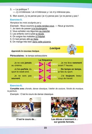 25
5.	 — La politique ?	
— J’y m’intéresse / Je m’intéresse y / Je m’y intéresse peu.
6.	 Mon avenir, j’y ne pense pas / je n’y pense pas / je ne pense y pas !
Exercice 5.
Remplace les mots soulignés par y.
Exemple : Nous courons à notre rendez-vous. — Nous y courons.
1. Je viens de passer à la boulangerie.
2. Vous achetez vos légumes au marché.
3. Les enfants vont à pied à l’école.
4. On soigne les malades à l’hôpital.
5. Il n’est jamais allé en Italie.
6. On mange très bien dans cette pizzeria.
Lexique
Apprends le nouveau lexique.
P
ériscolaires : le temps extrascolaire
La fréquence
Exercice 6.
Complète avec chorale, danse classique, l’atelier de couture, l’école de musique,
la peinture.
Exemple : C’est le cours de danse classique.
C’est le cours de… Les élèves s’exercent à…
sur grands formats.
j
amais rarement
parfois
D
e temps
en temps
souvent toujours
Je ne vais jamais
au cinéma.
Je me lève rarement
avant 7 heures.
Je fais parfois du
sport le week-end.
D
e temps en temps,
je fais du sport.
Je ne sors pas
souvent.
J’ai toujours beau-
coup de travail.
 
