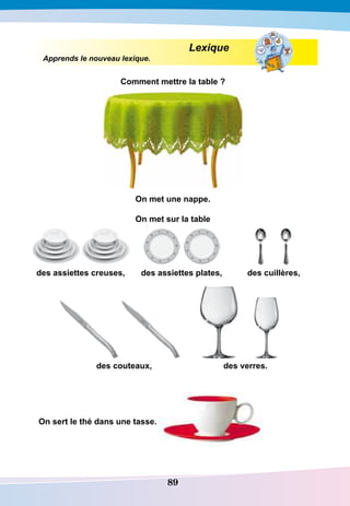 89
Lexique
Apprends le nouveau lexique.
Comment mettre la table ?
O
n met une nappe.
O
n met sur la table
des assiettes creuses, des assiettes plates, des cuillères,
		
des couteaux,
	
des verres.
O
n sert le thé dans une tasse.
 