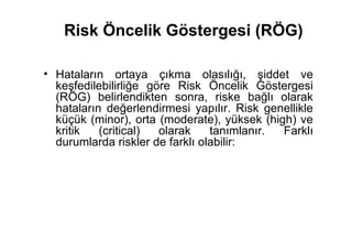 Risk Öncelik Göstergesi (RÖG)

• Hataların ortaya çıkma olasılığı, şiddet ve
  keşfedilebilirliğe göre Risk Öncelik Göstergesi
  (RÖG) belirlendikten sonra, riske bağlı olarak
  hataların değerlendirmesi yapılır. Risk genellikle
  küçük (minor), orta (moderate), yüksek (high) ve
  kritik   (critical)  olarak    tanımlanır. Farklı
  durumlarda riskler de farklı olabilir:
 