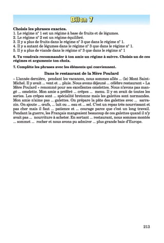 Choisis les phrases exactes.
1. Le régime n° 1 est un régime à base de fruits et de légumes.
2. Le régime n° 2 est un régime équilibré.
3. Il y a plus de fruits dans le régime n° 3 que dans le régime n° 1.
4. Il y a autant de légumes dans le régime n° 3 que dans le régime n° 1.
5. Il y a plus de viande dans le régime n° 3 que dans le régime n° 1
6. Tu voudrais recommander à ton amie un régime à suivre. Choisis un de ces
régimes et argumente ton choix.
7. Complète les phrases avec les éléments qui conviennent.
Dans le restaurant de la Mère Poulard
- L’année dernière, pendant les vacances, nous sommes allés ... (le) Mont Saint-
Michel. Il y avait... vent et... pluie. Nous avons déjeuné ... célèbre restaurant « La
Mère Poulard » renommé pour ses excellentes omelettes. Nous n’avons pas man­
gé ... omelette. Mon amie a préféré ... crêpes ... menu. Il y en avait de toutes les
sortes. Les crêpes sont ... spécialité bretonne mais les galettes sont normandes.
Mon amie n’aime pas ... galettes. On prépare la pâte des galettes avec ... sarra-
zin. On ajoute ... œufs,... lait ou ... eau e t... sel. C’est un repas très nourrissant et
pas cher mais il faut ... patience et ... courage parce que c’est un long travail.
Pendant la guerre, les Français mangeaient beaucoup de ces galettes quand il n’y
avait pas ... nourriture à acheter. En sortant... restaurant, nous sommes montés
... sommet... rocher et nous avons pu admirer ... plus grande baie d’Europe.
213
 