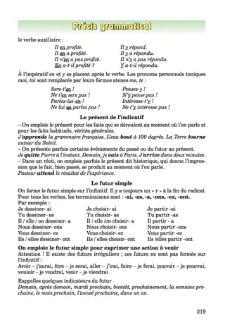 [?иМ з двзпвЖ Вззй
le verbe auxiliaire :
Il en profite. Il y répond.
Il en aprofité. Il y. a répondu.
Il n’en apas profité. Il n’y apas répondu.
En a-t-ilprofité ? Y a-t-il répondu.
À l’impératif en et y se placent après le verbe. Les pronoms personnels toniques
moi, toi sont remplacés par leurs formes atones me, te :
Sers-t’en ! Penses-y !
Ne t’en serspas ! N’y pense pas !
Parlez-lui-en ! Intéresse-t’y !
Ne lui en parlezpas ! Ne t’y intéressepas !
Le présent de l’indicatif
- On emploie le présent pour les faits qui se déroulent au moment où l’on parle et
pour les faits habituels, vérités générales.
J’apprends la grammaire française. L’eau bout à 100 degrés. La Terre tourne
autour du Soleil.
- On présente parfois certains événements du passé ou du futur au présent.
Je quitte Pierre à l’instant. Demain,je vais à Paris. J’arrive dans deux minutes.
- Dans un récit, on emploie parfois le présent dit historique, qui donne l’impres­
sion que le fait, bien passé, se produit au moment où l’on parle.
Pasteur attend le résultat de l’expérience.
Le futur simple
On forme le futur simple sur l’infinitif. Il y a toujours un « r » à la fin du radical.
Pour tous les verbes, les terrminaisons sont : -ai, -as, -a, -ons, -ez, -ont.
Par exemple :
Je dessiner- ai Je choisir- ai Je partir -ai
Tu dessiner- as Tu choisir- as Tu partir -as
Il / elle / on dessiner- a II / elle /on choisir- a II partir - a
Nous dessiner- ons Nous choisir- ons Nous partir -ons
Vous dessiner- ez Vous choisir- ez Vous partir -ez
Ils / elles dessiner- ont Ils / elles choisir- ont Ils /elles partir -ont
On emploie le futur simple pour exprimer une action à venir
Attention ! Il existe des futurs irréguliers ; ces futurs ne sont pas formés sur
l’infinitif :
Avoir - j’aurai, être - je serai, aller - j’irai, faire - je ferai, pouvoir - je pourrai,
vouloir - je voudrai, venir - je viendrai
Rappelles quelques indicateurs du futur
Demain, après demain, mardi prochain, bientôt, prochainement, la semaine pro­
chaine, le moisprochain, l’anneéprochaine, dans un an.
219
 