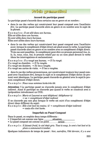 f?uM3giMuEffïtiteiû
Accord du participe passé
Le participe passé s’accorde dans certains cas en genre et en nombre :
• dans le cas des verbes qui construisent leur passé composé avec l’auxiliaire
être. Le participe passé s’accorde alors en genre et en nombre avec le sujet de
la phrase.
E x e m p 1e s : Il est allé dans son bureau.
Elle est allée dans son bureau.
Ils sont allés dans leurs bureaux.
Elles sont allées dans leurs bureaux.
• dans le cas des verbes qui construisent leur passé composé avec l’auxiliaire
avoir, lorsque le complément d’objet direct est placé avant le verbe. Le participe
passé s’accorde alors en genre et en nombre avec ce complément d’objet direct.
Trois cas sont possibles : le complément peut-être un pronom personnel (me, te,
le, la, nous, vous, les), le pronom relatif que ou un nom placé devant le verbe
(dans les interrogations et exclamations).
E x e m p l e s : Il a rangé son bureau. -* Il l’a rangé.
Il a rangé sa chambre. -*■Il l’a rangée.
Il a rangé ses dossiers. -> Ils les a rangés.
Il a rangé ses cartes de visite. -> Il les a rangées.
• dans le cas des verbes pronominaux, qui construisent toujours leur passé com­
posé avec l’auxiliaire être, lorsque le sujet et le complément d’objet direct (le pro­
nom) sont identiques. Le participe passé s’accorde en général avec le sujet/le pro­
nom complément d’objet direct.
E x e m p l e : Nous nous sommes levés très tôt.
Attention ! Le participe passé ne s’accorde jamais avec le complément
indirect. Ainsi le participe ne s’accorde pas quand le verbe se construit
(préposition introduisant un COI).
E x e m p l e : Marie et Laurent se sont téléphoné, (téléphoner k)
-* se = complément d’objet indirect
Il ne s’accorde pas non plus lorsque le verbe est suivi d’un complément
direct (donc différent du sujet).
E x e m p l e : Elle s’est lavé les mains, (s’ = complément d’objet indirect)
-* mais elle s’est lavée.
Imparfait ou Passé Composé
Dans le passé, on emploie deux temps différents :
►L’imparfait est comme une ligne_______ situation___________
►Le passé composé est comme un point_______ action .________
E x e m p l e : Il faisait froid, le ciel était gris. Tout à coup, le vent s’est levé et la
pluie a commencé à tomber.
Quelques indicateurs de temps de passé : hier, autrefois, l’été dernier, il y a une
d’objet
avec à
d’objet
223
 