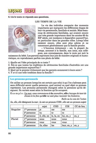 6. Lis le texte et réponds aux questions.
LES TEMPS DE LA VIE
La vie des individus comporte des moments
importants qui marquent les différentes étapes de
leur vie personnelle, familiale et sociale. Mais beau­
coup de cérémonies familiales, qui avaient encore
une très grande importance dans les années 60 du
XXesiècle, ont tendance à disparaître aujourd’hui,
en particulier dans les grandes villes. Lorsqu’elles
existent encore, elles sont plus sobres et ne
concernent généralement que la famille proche.
« L’heureux événement » est, la plupart du
temps, annoncé à la famille, aux amis, aux collè­
gues, aux connaissances, dans le mois qui suit la
naissance du bébé. Les parents expriment leurjoie de manière originale et humo­
ristique, en reproduisant parfois une photo de bébé.
1. Quelle est l’idée principale de ce texte ?
2. Est-ce que toutes les traditions de cérémonies familiales d’autrefois ont une
grande importance aujourd’hui ?
3. Quel est le premier événement que les parents annoncent à leurs amis ?
4. Y a-t-il une telle tradition dans ta famille ?
Les pronoms personnels
On utilise un pronom lorsqu’on est certain que celui à qui l’on s’adresse peut
sans difficulté savoir quelle personne, quel animal ou quel objet ce pronom
représente. Les pronoms personnels changent selon la personne qu’ils dé­
signent. Ils varient aussi selon la fonction qu’ils occupent.
E x e m p l e : La mer. vous commencez à la connaître, elle s’occupe de tant de
choses à la fois qu’elle ne saitplus raconter les histoires.
Bulle ou la voix de l’océan
(la, elle, elle désignent la mer ; la est un pronom COD ; elle est un pronom sujet)
sujet COD COI CC de lieu
Singulier lrepersonne je me me
2epersonne tu te te
3epersonne il, elle, on le, la, en lui, en, y en, y
Pluriel lrepersonne nous nous nous
2epersonne vous vous vous
3epersonne ils, elles les leur, en, y en, y
66
 