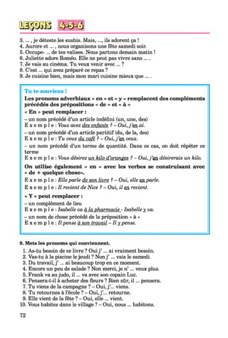 3...., je déteste les sushis. Mais,..., ils adorent ça !
4. Aurore e t..., nous organisons une fête samedi soir.
5. Occupe-... de tes valises. Nous partons demain matin !
6. Juliette adore Roméo. Elle ne peut pas vivre sans ....
7. Je vais au cinéma. Tu veux venir avec ... ?
8. C’est... qui avez préparé ce repas ?
9. Je cuisine bien, mais mon mari cuisine mieux que ....
Tu te souviens !
Les pronoms adverbiaux « en » et « y » remplacent des compléments
précédés des prépositions « de » et « à »
« En » peut remplacer :
- un nom précédé d’un article indéfini (un, une, des)
E x e m p l e : Vous avez des enfants ? - Oui,j ’en ai.
- un nom précédé d’un article partitif (du, de la, des)
E x e m p l e : Tu veux du café ? - Oui,j ’en veux.
- un nom précédé d’un terme de quantité. Dans ce cas, on doit répéter ce
terme
E x e m p l e : Vous désirez un kilo d’oranges ? - Oui,j ’en désirerais un kilo.
On utilise également « en » avec les verbes se construisant avec
« de + quelque chose».
E x e m p l e : Elleparle de son livre ? - Oui, elle en parle.
E x e m p l e : Il revient de Nice ? - Oui, il en revient.
« Y » peut remplacer :
- un complément de lieu
E x e m p l e : Isabelle va à la pharmacie - Isabelle x va.
- un nom de chose précédé de la préposition « à »
E x e m p l e : Il pense à son travail - Il y_pense.
9. Mets les pronoms qui conviennent.
1. As-tu besoin de ce livre ? Ouij’ ... ai vraiment besoin.
2. Vas-tu à la piscine lejeudi ? Nonj’ ... vais le samedi.
3. Du travail, j’ ... ai beaucoup trop en ce moment.
4. Encore un peu de salade ? Non merci, je n’ ... veux plus.
5. Frank va aujudo, i l ... va avec son copain Luc.
6. Pensera-t-il à acheter des fleurs ? Bien sûr, i l ... pensera.
7. Tu viens de la campagne ? - Oui, j’... viens.
8. Tu retournes à l’école ? - Oui, j’... retourne.
9. Elle vient de la fête ? - Oui, elle ... vient.
10. Vous habitez dans le village ? - Oui, nous ... habitons.
72
 