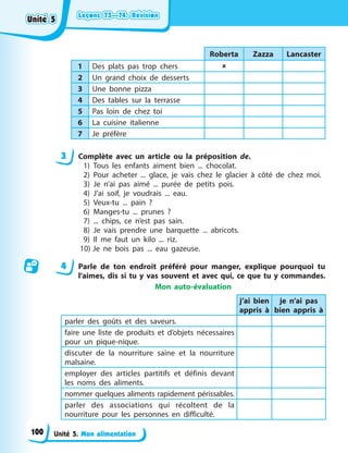 Leçons 73—74. Révision
Leçons 73—74. Révision
Leçons 73—74. Révision
Leçons 73—74. Révision
Unité 5. Mon alimentation
Roberta Zazza Lancaster
1 Des plats pas trop chers 
2 Un grand choix de desserts
3 Une bonne pizza
4 Des tables sur la terrasse
5 Pas loin de chez toi
6 La cuisine italienne
7 Je préfère
3 Complète avec un article ou la préposition de.
1) Tous les enfants aiment bien ... chocolat.
2) Pour acheter ... glace, je vais chez le glacier à côté de chez moi.
3) Je n’ai pas aimé ... purée de petits pois.
4) J’ai soif, je voudrais ... eau.
5) Veux-tu ... pain ?
6) Manges-tu ... prunes ?
7) ... chips, ce n’est pas sain.
8) Je vais prendre une barquette ... abricots.
9) Il me faut un kilo ... riz.
10) Je ne bois pas ... eau gazeuse.
4 Parle de ton endroit préféré pour manger, explique pourquoi tu
l’aimes, dis si tu y vas souvent et avec qui, ce que tu y commandes.
Mon auto-évaluation
j’ai bien
appris à
je n’ai pas
bien appris à
parler des goûts et des saveurs.
faire une liste de produits et d’objets nécessaires
pour un pique-nique.
discuter de la nourriture saine et la nourriture
malsaine.
employer des articles partitifs et définis devant
les noms des aliments.
nommer quelques aliments rapidement périssables.
parler des associations qui récoltent de la
nourriture pour les personnes en difficulté.
Unité 5
Unité 5
Unité 5
Unité 5
100
 