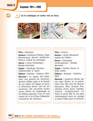 Unité 9. Mes activités extrascolaires et les vacances
Leçons 121—122
1 Lis le catalogue et coche vrai ou faux.
Titre : Shamisen
Auteurs : Guilherme Petreca, Tiago
Minamisawa, dessins Guilherme
Petreca, traduit du portugais.
Genre : Conte Fantastique :
Bandes dessinées
Sujets : Handicap, Musique
traditionnelle, le Japon
Éditeur : Roubaix : Ankama, 2023.
Résumé : Le Japon, XXe
siècle.
Haru, une joueuse de shamisen,
devient célèbre grâce à la beauté
de son chant. Un kappa lui ouvre
la dimension divine. Lors de ses
aventures, elle rencontre toutes
sortes d’êtres de mythologie et
de folklore japonais. C’est un récit
inspiré de la vie d’Haru Kobayashi,
musicienne de shamisen.
Titre : Sirocco
Auteur : Giulio Macaione,
traduit de l’italien.
Genre : Chronique
contemporaine : Bandes
dessinées
Sujets : Famille, Danse, la
Sicile (Italie)
Éditeur : Roubaix : Ankama,
2022.
Résumé : Lycéenne élevée par
son père Gianni et sa grand-
mère Elsa, Mia rêve de devenir
danseuse. Mais lorsque Elsa,
atteinte d’une grave maladie,
s’enfuit soudainement en
Sicile, la jeune fille et son père
s’embarquent dans un voyage
à travers l’Italie pour la retrouver.
Unité 9
Unité 9
Unité 9
Unité 9
152
 