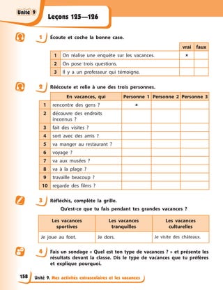 Unité 9. Mes activités extrascolaires et les vacances
Leçons 125—126
1 Écoute et coche la bonne case.
vrai faux
1 On réalise une enquête sur les vacances. 
2 On pose trois questions.
3 Il y a un professeur qui témoigne.
2 Réécoute et relie à une des trois personnes.
En vacances, qui Personne 1 Personne 2 Personne 3
1 rencontre des gens ? 
2 découvre des endroits
inconnus ?
3 fait des visites ?
4 sort avec des amis ?
5 va manger au restaurant ?
6 voyage ?
7 va aux musées ?
8 va à la plage ?
9 travaille beacoup ?
10 regarde des films ?
3 Réfléchis, complète la grille.
Qu’est-ce que tu fais pendant tes grandes vacances ?
Les vacances
sportives
Les vacances
tranquilles
Les vacances
culturelles
Je joue au foot. Je dors. Je visite des châteaux.
4 Fais un sondage « Quel est ton type de vacances ? » et présente les
résultats devant la classe. Dis le type de vacances que tu préfères
et explique pourquoi.
Unité 9
Unité 9
Unité 9
Unité 9
158
 