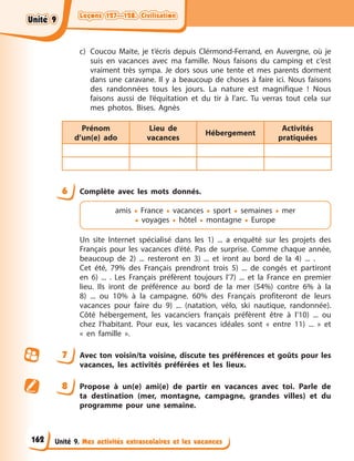 Leçons 127—128. Civilisation
Leçons 127—128. Civilisation
Leçons 127—128. Civilisation
Leçons 127—128. Civilisation
Unité 9. Mes activités extrascolaires et les vacances
c) Coucou Maite, je t’écris depuis Clérmond-Ferrand, en Auvergne, où je
suis en vacances avec ma famille. Nous faisons du camping et c’est
vraiment très sympa. Je dors sous une tente et mes parents dorment
dans une caravane. Il y a beaucoup de choses à faire ici. Nous faisons
des randonnées tous les jours. La nature est magnifique ! Nous
faisons aussi de l’équitation et du tir à l’arc. Tu verras tout cela sur
mes photos. Bises. Agnès
Prénom
d’un(e) ado
Lieu de
vacances
Hébergement
Activités
pratiquées
6 Complète avec les mots donnés.
amis • France • vacances • sport • semaines • mer
• voyages • hôtel • montagne • Europe
Un site Internet spécialisé dans les 1) ... a enquêté sur les projets des
Français pour les vacances d’été. Pas de surprise. Comme chaque année,
beaucoup de 2) ... resteront en 3) ... et iront au bord de la 4) ... .
Cet été, 79% des Français prendront trois 5) ... de congés et partiront
en 6) ... . Les Français préfèrent toujours l’7) ... et la France en premier
lieu. Ils iront de préférence au bord de la mer (54%) contre 6% à la
8) ... ou 10% à la campagne. 60% des Français profiteront de leurs
vacances pour faire du 9) ... (natation, vélo, ski nautique, randonnée).
Côté hébergement, les vacanciers français préfèrent être à l’10) ... ou
chez l’habitant. Pour eux, les vacances idéales sont « entre 11) ... » et
« en famille ».
7 Avec ton voisin/ta voisine, discute tes préférences et goûts pour les
vacances, les activités préférées et les lieux.
8 Propose à un(e) ami(e) de partir en vacances avec toi. Parle de
ta destination (mer, montagne, campagne, grandes villes) et du
programme pour une semaine.
162
Unité 9
Unité 9
Unité 9
Unité 9
 