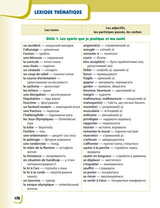 LEXIQUE THÉMATIQUE
Les noms
Les adjectifs,
les participes passés, les verbes
Unité 1. Les sports que je pratique et ma santé
un accident — нещасний випадок
l’allumage — запалення
l’aviron — гребля
une blessure — поранення
la canicule — літня спека
une chute — падіння
un cinéaste — кінодіяч
un coup de soleil — сонячні опіки
la course d’orientation —
орієнтування на місцевості
le cyclisme — велоспорт
les échecs — шахи
une élongation — розтягування
l’équitation — їзда верхи
l’escrime — фехтування
un fauteuil roulant — інвалідний візок
une fracture — перелом
l’haltérophilie — піднімання ваги
les Jeux Olympiques — Олімпійські
ігри
la lutte — боротьба
l’ombre — тінь
une ordonnance — рецепт (на ліки)
le patinage — фігурне ковзання
une randonnée — похід
le relais de la flamme — естафета
вогню
la résistance — витривалість
en situation de handicap — у стані
неповносправності
le tir à l’arc — стрільба з лука
le tir à la corde — перетягування
канату
un tournois — турнір
la vasque olympique — олімпійський
вогонь
angoissé(e) — стривожений(-а)
aveugle — сліпий(-а)
consister à — полягати
courir — бігати
être accepté(e) — бути прийнятним(-ою),
допустимим(-ою)
faible — слабий(-а), кволий(-а)
forcer — примушувати
fragile — крихкий(-а)
gagner — вигравати, перемагати
garder — тримати, зберігати
heureux, heureuse — щасливий(-а)
maigrir — худнути
malheureux, malheureuse — нещасний(-а)
malvoyant(e) — той/та, що погано бачить
mental(e) — розумовий(-а)
musculaire — м’язовий(-а)
ordinaire — звичайний(-а)
privilégier — надавати перевагу
rapporter — переносити
résister — встояти, втримати
remonter le moral — підняти настрій
réservé(e) — стриманий(-а)
s’achever — завершуватися
s’affronter — протистояти, стикатися
sauter à la perche — стрибати через
жердину
sauter en longueur — стрибати в довжину
se déplacer — зміститися
s’inquiéter — хвилюватися
souffrir — страждати
se porter — почуватися
se rincer — зволожуватися
se sentir à l’aise — почуватися комфортно
170
 