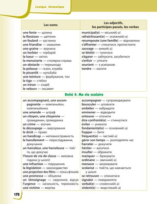 Lexique thématique
Lexique thématique
Les noms
Les adjectifs,
les participes passés, les verbes
une fente — щілина
la floraison — цвітіння
un foulard — хустинка
une friandise — смаколик
une graine — зернина
un herbier — гербарій
la lueur — світло
la menuiserie — столярна справа
un obstacle — перешкода
la pelouse — газон, клумба
le pissenlit — кульбаба
une teinture — фарбування, тон
la tige — стебло
un trésor — скарб
le velours — оксамит
municipal(e) — міський(-а)
rafraîchissant(e) — освiжний(-а)
recomposée (une famille) — відновлена
s’affronter — стикатися, протистояти
sauvage — хижий(-а)
se blottir — тулитися
s’égarer — заблукати, загубитися
s’enfuir — утікати
souriant — з усмiшкою
tondre — косити
Unité 4. Ma vie scolaire
un accompagnant, une accom-
pagnante — компаньйон,
компаньйонка
une amende — штраф
un citoyen, une citoyenne —
громадянин, громадянка
un crime — злочин
le découpage — вирізування
le droit — право
un handicap — неповносправність
le harcèlement — переслідування,
докучання
un harceleur, une harceleuse — той/
та, що докучає
l’heure de vie de classe — виховна
година (у школі)
une infraction — порушення
la législation — законодавство
une projection des films — показ фільмів
une promesse — обіцянка
un témoignage — свідчення, відгук
l’urgence — нагальність, терміновість
une victime — жертва
accompagner — супроводжувати
bousculer — штовхати
embêter — набридати
emmener — відводити
entourer — оточити
être confronté(e) — стикнутися
éviter — уникати
fondamental(e) — основний(-а)
frapper — бити
fréquent(e) — частий(-а)
gérer son temps — розподіляти час
harceler — докучати
hésiter — вагатися
insulter — ображати
manquer — бракувати
ordinaire — звичний(-а)
menacer — загрожувати
scolarisé — той/та, що навчається
у школі
se retrouver — опинитися
signaler — повідомляти
verbal(e) — словесний(-а)
violent(e) — жорстокий(-а)
172
 