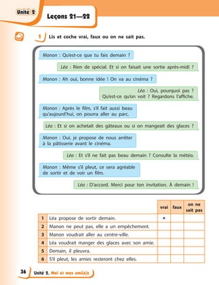 Unité 2. Moi et mes ami(e)s
Leçons 21—22
1 Lis et coche vrai, faux ou on ne sait pas.
vrai faux
on ne
sait pas
1 Léa propose de sortir demain. 
2 Manon ne peut pas, elle a un empêchement.
3 Manon voudrait aller au centre-ville.
4 Léa voudrait manger des glaces avec son amie.
5 Demain, il pleuvra.
6 S’il pleut, les amies resteront chez elles.
Manon : Qu’est-ce que tu fais demain ?
Manon : Ah oui, bonne idée ! On va au cinéma ?
Manon : Après le film, s’il fait aussi beau
qu’aujourd’hui, on pourra aller au parc.
Manon : Oui, je propose de nous arrêter
à la pâtisserie avant le cinéma.
Manon : Même s’il pleut, ce sera agréable
de sortir et de voir un film.
Léa : Rien de spécial. Et si on faisait une sortie après-midi ?
Léa : Et si on achetait des gâteaux ou si on mangeait des glaces ?
Léa : Et s’il ne fait pas beau demain ? Consulte la météo.
Léa : D’accord. Merci pour ton invitation. À demain !
Léa : Oui, pourquoi pas ?
Qu’est-ce qu’on voit ? Regardons l’affiche.
Unité 2
Unité 2
Unité 2
Unité 2
36
 