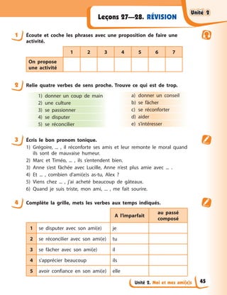 Unité 2. Moi et mes ami(e)s
RÉVISION
Leçons 27—28.
1 Écoute et coche les phrases avec une proposition de faire une
activité.
1 2 3 4 5 6 7
On propose
une activité
2 Relie quatre verbes de sens proche. Trouve ce qui est de trop.
1) donner un coup de main
2) une culture
3) se passionner
4) se disputer
5) se réconcilier
a) donner un conseil
b) se fâcher
c) se réconforter
d) aider
e) s’intéresser
3 Écris le bon pronom tonique.
1) Grégoire, ... , il réconforte ses amis et leur remonte le moral quand
ils sont de mauvaise humeur.
2) Marc et Timéo, ... , ils s’entendent bien.
3) Anne s’est fâchée avec Lucille, Anne n’est plus amie avec ... .
4) Et ... , combien d'ami(e)s as-tu, Alex ?
5) Viens chez ... , j’ai acheté beaucoup de gâteaux.
6) Quand je suis triste, mon ami, ... , me fait sourire.
4 Complète la grille, mets les verbes aux temps indiqués.
A l’imparfait
au passé
composé
1 se disputer avec son ami(e) je
2 se réconcilier avec son ami(e) tu
3 se fâcher avec son ami(e) il
4 s’apprécier beaucoup ils
5 avoir confiance en son ami(e) elle
Unité 2
Unité 2
Unité 2
Unité 2
45
 