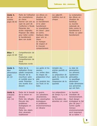 Tableaux des contenus
Tableaux des contenus
Unité 4.
Ma vie
scolaire
pages 66–82
Parler de l’utilisation
des smartphones
en classe.
Donner son avis au
sujet du port de
l’uniforme à l’école.
Présenter des
écoles originales.
Proposer des idées
pour lutter contre
le harcèlement
dans son école
Les élèves en
situation de
handicap.
Le harcèlement
et le cyber-
harcèlement
Le smartphone
en classe : pour
et contre.
Quelques idées
pour unir sa
classe.
Le manque
de respect et
le mauvais
comportement.
Les adjectifs
indéfinis tout et
chaque
La scolarisation
des élèves en
situation de
handicap.
La Journée
nationale de
lutte contre le
harcèlement à
l’école. Le cyber-
harcèlement
Bilan 1
pages 83–84
Compréhension de
l’oral
Production orale
Compréhension de
l’écrit
Production écrite
Unité 5.
Mon
alimentation
pages
85–101
Parler de la
réalisation d’une
salade composée.
Discuter de la
nourriture saine
et nuisible pour la
santé. Présenter
une recette d’un
dessert
Les goûts et les
saveurs.
Les verbes dans
les étapes de
préparation d’un
plat.
Les produits bio.
Les fruits et les
baies
L’emploi des
articles partitifs et
définis.
La préposition de
après les noms de
quantité.
L’expression de la
quantité
La date de
péremption.
Les aliments
rapidement
périssables.
Le gaspillage
alimentaire.
L’aide alimentaire
aux personnes
qui ont faim
Unité 6.
L’Ukraine
pages
102–118
Parler de la beauté
de la nature en
Ukraine.
Parler des réfugiés.
Discuter des
problèmes
écologiques en
Ukraine.
Parler des objets
d’art ukrainien
traditionnel
La guerre.
Les salutations
ukrainiennes.
Des catastrophes
écologiques
et problèmes
environnementaux
en Ukraine
Les prépositions
de temps il y a et
depuis.
La formation des
adverbes en -ment
La Journée
mondiale de
l’environnement.
Quel danger
écologique te fait
plus de peur ?
Contre quelle
menace
environnementale
est-il important
de se battre ?
5
 