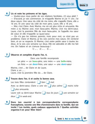 Leçons 33—34
Leçons 33—34
Leçons 33—34
Leçons 33—34
Unité 3. Moi et ma famille
6 Lis et note les prénoms et les âges.
— Voulez-vous nous parler de vos relations familiales, s’il vous plaît ?
— D’accord, je vais commencer. Je m’appelle Marine et j’ai 11 ans. J’ai
deux sœurs. Une sœur du côté de ma mère, elle s’appelle Claire, elle a
16 ans. Et une sœur du côté de mon père, Laure, elle a 18 ans.
— Moi, c’est Claire. Avec Marine, ma vie est plus riche et amusante. Ma
mère a eu Marine avec mon beau-père. Marine, c’est ma demi-sœur.
Laure, c’est la première fille de mon beau-père. Je l’appelle ma sœur
de cœur et elle m’appelle sa quasi-sœur.
— On n’a pas les mêmes parents, mais pour moi, ce n’est pas un
problème. Claire et Marine, je les vois comme mes sœurs. On s’entend
bien, et on se respecte. Et Marine, c’est notre petite sœur à toutes les
deux. Je la vois une semaine sur deux. Elle est adorable et elle me fait
rire. On l’adore et on s’amuse beaucoup !
1) ... , 2) ... , 3) ... .
7 Observe et complète d’après l’ex. 6.
Dans une famille recomposée
un père — un beau-père, une mère — une belle-mère,
un frère — un demi-frère, une sœur — une demi-sœur
Marine, c’est ... de Claire et de Laure.
Claire a un ... .
Laure, c’est la première fille du ... de Claire.
8 Trouve dans l’ex. 6 et coche la bonne case.
Les trois filles s’entendent bien mal.
Avec sa demi-sœur, Claire a une vie plus calme moins riche
plus amusante.
Laure voit sa demi-sœur Marine tous les jours une semaine sur
deux le week-end.
9 Dans ton courriel à ton correspondant/ta correspondante
francophone, raconte une fête d’anniversaire dans ta famille. Qui est
invité ? Les invités, quels cadeaux apportent-ils ? Quelles activités
organise-t-on pour fêter bien?
Unité 3
Unité 3
Unité 3
Unité 3
53
 