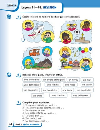 Unité 3. Moi et ma famille
Leçons 41—42. RÉVISION
1 Écoute et écris le numéro du dialogue correspondant.
2 Relie les mots-pairs. Trouve un intrus.
Une belle-mère un arrière-grand-père un neveu un mari
une demi-sœur une femme une nièce un cousin
un oncle
un beau-père un beau-frère une tante un demi-frère
une cousine une belle-sœur
3 Complète pour expliquer.
1) Tes grands-parents, ce sont ... .
2) Tes arrière-grands-parents, ce sont ... .
3) Tes cousins, ce sont ... .
4) Les petits-enfants, ce sont ... .
5) Ta tante, c’est ... .
6) Ton oncle, c’est ... .
7) Sa demi-sœur, c’est ... .
Unité 3
Unité 3
Unité 3
Unité 3
62
 