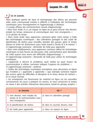 Unité 4. Ma vie scolaire
Leçons 51—52
1 Lis et associe.
Voici quelques points de base et témoignages des élèves qui peuvent
aider notre communauté scolaire à réfléchir à l’utilisation des technologies
numériques pour l’enseignement et l’apprentissage à distance.
1) L’usage efficace des environnements virtuels d’apprentissage
« Dans mon école, il y a un espace en ligne où je peux trouver mes devoirs,
emploi du temps, ressources et communiquer avec mes enseignants. »
2) La gestion du temps
« Dans notre école nous apprenons comment gérer notre temps à l’aide
des technologies numériques : des calendriers partagés et des outils de
planification de tâches pour travailler, prendre des pauses, gérer le temps
d’écran et éviter les distractions, pour notre travail à l’école et à la maison. »
3) L’apprentissage autonome : demander de l’aide pour apprendre.
« Dans notre établissement, nous apprenons comment utiliser les technologies
numériques (e-mail, forums de discussion, chat, commentaires) pour demander
de l’aide quand nous avons des difficultés d’apprentissage. »
4) L’apprentissage autonome : demander de l’aide pour utiliser les technologies
numériques.
« J’apprends à décrire le problème, quel média ou quel moyen de
communication à utiliser, comment indiquer l’urgence du problème. »
5) L’apprentissage autonome : résilience
« J’utilise des technologies numériques (simulations, jeux, discussions en ligne)
qui m’aident à « apprendre à apprendre » (par exemple comment réparer
des erreurs, gérer les difficultés, la déception et le stress, diviser les tâches). »
6) La classe inversée
« Les enseignants me fournissent du matériel en ligne sur les nouvelles
connaissances du cours à préparer en avance, et nous consacrons le temps
en classe à des activités interactives (discussions, travail en groupe, projets). »
Je cherche Où ?
1) mes devoirs, mon emploi du
temps et la communication avec
mes enseignants
a) dans le calendrier partagé
2) la planification de tâches b) dans le courriel, forums, chat
3) de l’aide pour apprendre c) dans un espace en ligne
Unité 4
Unité 4
Unité 4
Unité 4
73
 
