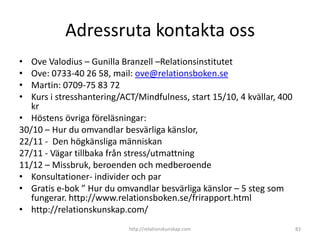Adressruta kontakta oss
•  Ove Valodius – Gunilla Branzell –Relationsinstitutet
•  Ove: 0733-40 26 58, mail: ove@relationsboken.se
•  Martin: 0709-75 83 72
•  Kurs i stresshantering/ACT/Mindfulness, start 15/10, 4 kvällar, 400
   kr
• Höstens övriga föreläsningar:
30/10 – Hur du omvandlar besvärliga känslor,
22/11 - Den högkänsliga människan
27/11 - Vägar tillbaka från stress/utmattning
11/12 – Missbruk, beroenden och medberoende
• Konsultationer- individer och par
• Gratis e-bok ” Hur du omvandlar besvärliga känslor – 5 steg som
   fungerar. http://www.relationsboken.se/frirapport.html
• http://relationskunskap.com/
                            http://relationskunskap.com                  83
 