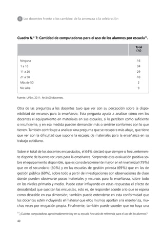 II    Los docentes frente a los cambios: de la amenaza a la celebración




Cuadro N.° 7: Cantidad de computadoras para el uso de los alumnos por escuela11.

                                                                                                  Total
                                                                                                   (%)


     Ninguna                                                                                       16
     1 a 10                                                                                        34
     11 a 20                                                                                       29
     21 a 50                                                                                       10
     Más de 50                                                                                     2
     No sabe                                                                                       9


Fuente: UPEA, 2011. N=2400 docentes.


Otra de las preguntas a los docentes tuvo que ver con su percepción sobre la dispo-
nibilidad de recursos para la enseñanza. Esta pregunta ayuda a analizar cómo ven los
docentes el equipamiento en materiales en sus escuelas, si lo perciben como suficiente
o insuficiente, y en esa medida pueden demandar más o sentirse conformes con lo que
tienen. También contribuye a analizar una pregunta que se recupera más abajo, que tiene
que ver con la dificultad que supone la escasez de materiales para la enseñanza en su
trabajo cotidiano.


Sobre el total de los docentes encuestados, el 64% declaró que siempre o frecuentemen-
te dispone de buenos recursos para la enseñanza. Sorprende esta evaluación positiva so-
bre el equipamiento disponible, que es considerablemente mayor en el nivel inicial (79%)
que en el secundario (60%) y en las escuelas de gestión privada (69%) que en las de
gestión pública (60%), sobre todo a partir de investigaciones con observaciones de clase
donde pueden observarse pocos materiales y recursos para la enseñanza, sobre todo
en los niveles primario y medio. Puede estar influyendo en estas respuestas el efecto de
deseabilidad que suscitan las encuestas, esto es, de responder acorde a lo que se espera
como deseable en esa dimensión; también puede entenderse en esta conformidad que
los docentes estén incluyendo el material que ellos mismos aportan a la enseñanza, mu-
chas veces por erogación propia. Finalmente, también puede suceder que no haya una
11
 ¿Cuántas computadoras aproximadamente hay en su escuela / escuela de referencia para el uso de los alumnos?

40
 