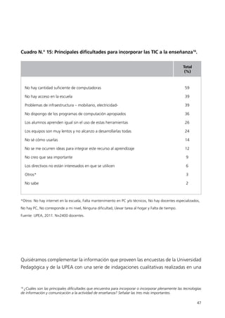 Cuadro N.° 15: Principales dificultades para incorporar las TIC a la enseñanza16.


                                                                                                     Total
                                                                                                      (%)



     No hay cantidad suficiente de computadoras                                                       59

     No hay acceso en la escuela                                                                      39

     Problemas de infraestructura – mobiliario, electricidad-                                         39

     No dispongo de los programas de computación apropiados                                           36

     Los alumnos aprenden igual sin el uso de estas herramientas                                      26

     Los equipos son muy lentos y no alcanzo a desarrollarlas todas                                   24

     No sé cómo usarlas                                                                               14

     No se me ocurren ideas para integrar este recurso al aprendízaje                                 12

     No creo que sea importante                                                                       9

     Los directivos no están interesados en que se utilicen                                           6

     Otros*                                                                                           3

     No sabe                                                                                          2



*Otros: No hay internet en la escuela, Falta mantenimiento en PC y/o técnicos, No hay docentes especializados,
No hay PC, No corresponde a mi nivel, Ninguna dificultad, Llevar tarea al hogar y Falta de tiempo.
Fuente: UPEA, 2011. N=2400 docentes.




Quisiéramos complementar la información que proveen las encuestas de la Universidad
Pedagógica y de la UPEA con una serie de indagaciones cualitativas realizadas en una



16
  ¿Cuáles son las principales dificultades que encuentra para incorporar o incorporar plenamente las tecnologías
de información y comunicación a la actividad de enseñanza? Señalar las tres más importantes.

                                                                                                             47
 