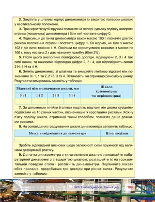 109109	 §28. Сила пружності. Закон Гука
2. Закріпіть у штативі корпус динамометра із закритою папером шкалою
у вертикальному положенні.
3. При нерозтягнутій пружині позначте на папері нульову поділку навпроти
стрілки (покажчика) динамометра і біля неї поставте цифру 0.
4. Підвісивши до гачка динамометра важок масою 100 г, позначте довгою
рискою положення стрілки і поставте цифру 1. Як відомо, на тіло з масою
102 г діє сила тяжіння 1 Н. Оскільки ми користуємося важками з масою по
100 г, тому нестача 2 г дає незначну похибку (біля 2%).
5. Після цього аналогічно повторюємо досліди, підвішуючи 2, 3 і 4 такі
самі важки, та наносимо відповідно цифри 2, 3 і 4, що відповідають силам
2 Н, 3 Н та 4 Н.
6. Зніміть динамометр зі штатива та виміряйте лінійкою відстані між по-
значками 0 і 1, 1 та 2, 2 і 3, 3 та 4. Встановіть, чи отримано рівномірну шкалу.
Результати вимірювань занесіть у таблицю.
Відстані між позначками шкали, мм
Шкала
(рівномірна
чи нерівномірна)0 і 1 1 і 2 2 і 3 3 і 4
7. За допомогою лінійки й олівця поділіть відстані між двома сусідніми
поділками на 10 рівних частин, позначивши їх коротшими рисками. Кожну
п’яту поділку шкали, отриманої таким способом, позначте дещо довши-
ми рисками.
8. На основі даних градуювання шкали динамометра заповніть таблицю.
Межа вимірювання динамометра Ціна поділки
Зробіть відповідний висновок щодо залежності сили пружності від вели-
чини деформації розтягу.
9. До гачка динамометра з виготовленою шкалою приєднайте лабо-
раторний динамометр з відкритою шкалою, розташуйте їх на горизон-
тальній поверхні стола і розтягніть динамометри. Порівняйте покази
обох приладів, проробивши три досліди при різних силах. Результати
занесіть у таблицю.
 