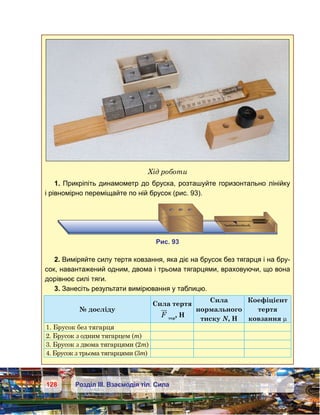 128 Розділ ІІІ. Взаємодія тіл. Сила
Хід роботи
1. Прикріпіть динамометр до бруска, розташуйте горизонтально лінійку
і рівномірно переміщайте по ній брусок (рис. 93).
2. Виміряйте силу тертя ковзання, яка діє на брусок без тягарця і на бру-
сок, навантажений одним, двома і трьома тягарцями, враховуючи, що вона
дорівнює силі тяги.
3. Занесіть результати вимірювання у таблицю.
№ досліду
Сила тертя
F тер
, Н
Сила
нормального
тиску N, Н
Коефіцієнт
тертя
ковзання µ
1. Брусок без тягарця
2. Брусок з одним тягарцем (m)
3. Брусок з двома тягарцями (2m)
4. Брусок з трьома тягарцями (3m)
и . 93
 