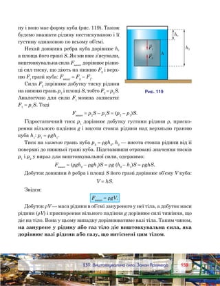 159159	 §39. Виштовхувальна сила. Закон Архімеда
ну і воно має форму куба (рис. 119). Також
будемо вважати рідину нестискуваною і її
густину однаковою по всьому об’ємі.
Нехай довжина ребра куба дорівнює h,
а площа його грані S. Як ми вже з’ясували,
виштовхувальна сила Fвишт
дорівнює різни-
ці сил тиску, що діють на нижню F2
і верх-
ню F1
грані куба: Fвишт
 = F2
 – F1
.
Сила F2
дорівнює добутку тиску рідини
на нижню грань р2
і площі S, тобто F2
 = р2
S.
Аналогічно для сили F1
можна записати:
F1
 = р1
S. Тоді
Fвишт
 = р2
S – р1
S = (р2
 – р1
)S.
Гідростатичний тиск р1
дорівнює добутку густини рідини ρ, приско-
рення вільного падіння g і висоти стовпа рідини над верхньою гранню
куба h1
: р1
 = ρgh1
.
Тиск на нижню грань куба р2
 = ρgh2
, h2
— висота стовпа рідини від її
поверхні до нижньої грані куба. Підставивши отримані значення тисків
р1
і р2
у вираз для виштовхувальної сили, одержимо:
Fвишт
 = (ρgh2
 – ρgh1
)S = ρg (h2 
– h1
)S = ρghS.
Добуток довжини h ребра і площі S його грані дорівнює об’єму V куба:
V = hS.
Звідси:
Fвишт
 = ρgV.
Добуток ρV — маса рідини в об’ємі зануреного у неї тіла, а добуток маси
рідини (ρV) і прискорення вільного падіння g дорівнює силі тяжіння, що
діє на тіло. Вона у цьому випадку дорівнюватиме вазі тіла. Таким чином,
на занурене у рідину або газ тіло діє виштовхувальна сила, яка
дорівнює вазі рідини або газу, що витіснені цим тілом.
и . 191
F1
F2
h
h1
h2
 