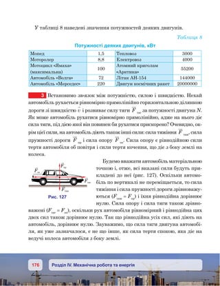 176 Розділ IV. Механічна робота та енергія
У таблиці 8 наведені значення потужностей деяких двигунів.
Таблиця 8
Потужності деяких двигунів, кВт
Мопед 1,5 Тепловоз 3000
Моторолер 8,8 Електровоз 4000
Мотоцикл «Ямаха» 	
(максимальна)
100
Атомний криголам
«Арктика»
55200
Автомобіль «Волга» 72 Літак АН-154 144000
Автомобіль «Мерседес» 220 Двигун космічних ракет 20000000
3	 Встановимо зв›язок між потужністю, силою і швидкістю. Нехай
автомобіль рухається рівномірно прямолінійно горизонтальною ділянкою
дороги зі швидкістю v

і розвиває силу тяги F тяг
за потужності двигуна N.
Як може автомобіль рухатися рівномірно прямолінійно, адже на нього діє
сила тяги, під дією якої він повинен би рухатися прискорено? Очевидно, ок-
рім цієї сили, на автомобіль діють також інші сили: сила тяжіння F тяж
, сила
пружності дороги F пр
і сила опору F оп
. Сила опору є рівнодійною сили
тертя автомобіля об повітря і сили тертя кочення, що діє з боку землі на
колеса.
Будемо вважати автомобіль матеріальною
точкою і, отже, всі вказані сили будуть при-
кладені до неї (рис. 127). Оскільки автомо-
біль по вертикалі не переміщається, то сила
тяжіння і сила пружності дороги зрівноважу-
ються (Fтяж
 = Fпр
) і їхня рівнодійна дорівнює
нулю. Сила опору і сила тяги також зрівно-
важені (Fтяг
 = Fоп
), оскільки рух автомобіля рівномірний і рівнодійна цих
двох сил також дорівнює нулю. Так що рівнодійна усіх сил, які діють на
автомобіль, дорівнює нулю. Зауважимо, що сила тяги двигуна автомобі-
ля, як уже зазначалося, є не що інше, як сила тертя спокою, яка діє на
ведучі колеса автомобіля з боку землі.
и . 127
F яж
F я
Fо
F
 
