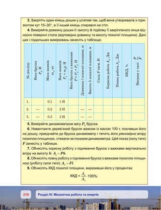 210 Розділ IV. Механічна робота та енергія
3. Закріпіть один кінець дошки у штативі так, щоб вона утворювала з гори-
зонтом кут 15–30°, а її інший кінець спирався на стіл.
4. Виміряйте довжину дошки l і висоту h підйому її закріпленого кінця від-
носно поверхні стола (відповідно довжину та висоту похилої площини). Дані
цих і подальших вимірювань занесіть у таблицю.
№досліду
Вагабруска	
Рб
,Н
Масаважків  	
mв
,кг
Вагаважків	
Рв
 = mв
g,Н
Вагабрусказважками	
Р=Рб
+Рв
,Н
Довжинаlпохилоїплощини,м
Висотаhпохилоїплощини,м
СилаFтяги,Н
КориснароботаАк
,Дж
ПовнароботаАп
,Дж
ККД,%
Виграшусилі  
P
F
1. 0,1 1 Н
2. — 0,2 2 Н — —
3. — 0,3 3 Н — —
5. Виміряйте динамометром вагу Рб
бруска.
6. Навантажте дерев’яний брусок важком із масою 100 г, поклавши його
на дошку, приєднайте до бруска динамометр і тягніть його рівномірно вгору
похилою площиною, стежачи за показом динамометра. Цей показ (силу тяги)
F занесіть у таблицю.
7. Обчисліть корисну роботу з піднімання бруска з важками вертикально
вгору на висоту h: Ак
= Ph.
8. Обчисліть повну роботу з піднімання бруска з важками похилою площи-
ною (роботу сили тяги): Ап
= Fl.
9. Обчисліть ККД похилої площини, виразивши його у процентах:
ККД =
A
A
⋅100%.
 