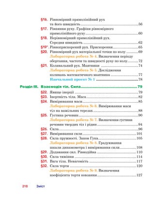 218 Зміст
§16.	 Рівномірний прямолінійний рух 	
та його швидкість............................................................56
§17.	 Рівняння руху. Графіки рівномірного 	
прямолінійного руху.......................................................60
§18.	 Нерівномірний прямолінійний рух. 	
Середня швидкість.........................................................62
§19*.	Рівноприскорений рух. Прискорення...........................65
§20.	 Рівномірний рух матеріальної точки по колу.............69
Лабораторна робота № 4. Визначення періоду
обертання, частоти та швидкості руху по колу...........72
§21.	 Коливальний рух. Маятники .......................................74
Лабораторна робота № 5. Дослідження 	
коливань математичного маятника.............................77
Навчальний проект № 1 ............................................78
Розділ ІІІ.	Взаємодія тіл. Сила................................................. 79
§22.	 Явище інерції..................................................................79
§23.	 Інертність тіла. Маса......................................................82
§24.	 Вимірювання маси..........................................................85
Лабораторна робота № 6. Вимірювання маси 	
тіл на важільних терезах...............................................88
§25.	 Густина речовин..............................................................90
Лабораторна робота № 7. Визначення густини
речовин твердих тіл і рідин...........................................94
§26.	 Сила..................................................................................96
§27.	 Вимірювання сили........................................................101
§28.	 Сила пружності. Закон Гука.......................................105
Лабораторна робота № 8. Градуювання 	
шкали динамометра і вимірювання сили..................108
§29.	 Додавання сил. Рівнодійна.........................................110
§30.	 Сила тяжіння................................................................114
§31.	 Вага тіла. Невагомість.................................................117
§32.	 Сила тертя.....................................................................120
Лабораторна робота № 9. Визначення 	
коефіцієнта тертя ковзання.........................................127
 
