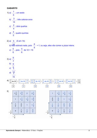 GABARITO
1) a) ; um sexto
b) ; três catorze avos
c) ; dois quartos
d) ; quatro quintos
2) a) (5 em 14)
b) Não sobrará nada, pois = 1, ou seja, eles vão comer a pizza inteira.
c) , pois de 12 = 10
3) a)
b)
c)
d)
4)
5)
Aprendendo Sempre – Matemática – 5o
Ano – Frações 3
1
6
3
14
2
4
4
5
8
8
5
6
5
6
6
7
6
5
1
12
1
15
5
14
 