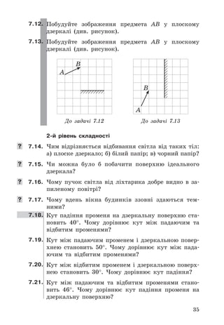 35
7.12. Побудуйте	 зображення	 предмета	 AB	 у	 плоскому	
дзеркалі	 (див .	 рисунок) .
7.13. Побудуйте	 зображення	 предмета	 AB	 у	 плоскому	
дзеркалі	 (див .	 рисунок) .
А
B
А
B
До задачі 7.12 До задачі 7.13
2-й рівень складності
	 7.14.	 Чим	відрізняється	відбивання	світла	від	таких	тіл:	
а)	плоске	дзеркало;	б)	білий	папір;	в)	чорний	папір?
	 7.15.	 Чи	 можна	 було	 б	 побачити	 поверхню	 ідеального	
дзеркала?
	 7.16.	 Чому	 пучок	 світла	 від	 ліхтарика	 добре	 видно	 в	 за-
пиленому	 повітрі?
	 7.17.	 Чому	 вдень	 вікна	 будинків	 ззовні	 здаються	 тем-
ними?
7.18. Кут	 падіння	 променя	 на	 дзеркальну	 поверхню	 ста-
новить	 40° .	 Чому	 дорівнює	 кут	 між	 падаючим	 та	
відбитим	 променями?
7.19. Кут	 між	 падаючим	 променем	 і	 дзеркальною	 повер-
хнею	 становить	 50° .	 Чому	 дорівнює	 кут	 між	 пада-
ючим	 та	 відбитим	 променями?
7.20. Кут	 між	 відбитим	 променем	 і	 дзеркальною	 поверх-
нею	 становить	 30° .	 Чому	 дорівнює	 кут	 падіння?
7.21. Кут	 між	 падаючим	 та	 відбитим	 променями	 стано-
вить	 46° .	 Чому	 дорівнює	 кут	 падіння	 променя	 на	
дзеркальну	 поверхню?
 