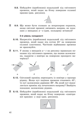 42
8.8. Побудуйте	 (приблизно)	 подальший	 хід	 світлового	
променя,	 який	 падає	 на	 бічну	 поверхню	 скляної	
призми	 (див .	 рисунок) .
	 8.9. Що	 може	 бути	 сховано	 за	 непрозорим	 екраном,	
якщо	 світлові	 промені	 змінюють	 напрям,	 як	 пока-
зано	 у	 випадках	 а—в	 (див .	 кольорову	 вставку)?
3-й рівень складності
8.10. Накресліть	 (приблизно)	 подальший	 хід	 світлового	
променя,	 який	 падає	 під	 кутом	 45°	 на	 поверхню	
скляної	 пластинки .	 Часткове	 відбивання	 променя	
не	 враховуйте .
	 8.11. У	 якому	 з	 випадків	 а—г	 на	 рисунку	 правильно	 по-
казано	хід	світлового	променя,	що	зазнав	заломлен-
ня,	 падаючи	 з	 повітря	 на	 поверхню	 прозорого	 ма-
теріалу?
а б в г
8.12. Світловий	 промінь	 переходить	 із	 повітря	 у	 прозору	
рідину .	 Якщо	 кут	 падіння	 променя	 становить	 45°,	
то	кут	заломлення	дорівнює	30° .	На	який	кут	відхи-
ляється	промінь	від	початкового	напряму?	Знайдіть	
показник	 заломлення	 рідини .
	 8.13. Побудуйте	 (приблизно)	 подальший	 хід	 світлового	
променя,	 який	 падає	 на	 бічну	 поверхню	 «повітря-
ної	 призми»	 у	 воді	 (див .	 рисунок) .
 