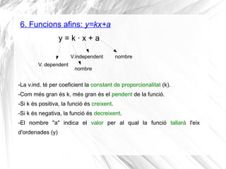 6. Funcions afins: y=kx+a
y = k · x + a
V. dependent
V.independent
nombre
-La v.ind. té per coeficient la constant de prop...