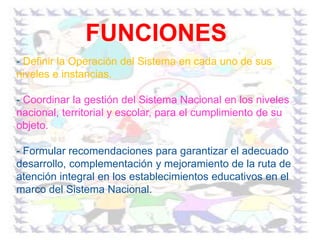 - Definir la Operación del Sistema en cada uno de sus
niveles e instancias.
- Coordinar la gestión del Sistema Nacional en los niveles
nacional, territorial y escolar, para el cumplimiento de su
objeto.
- Formular recomendaciones para garantizar el adecuado
desarrollo, complementación y mejoramiento de la ruta de
atención integral en los establecimientos educativos en el
marco del Sistema Nacional.
FUNCIONES
 